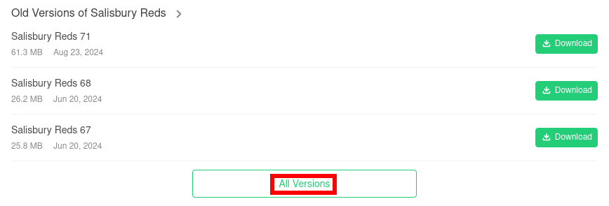 List of old versions of the application, with options to download and a red box around an all versions secondary button.
