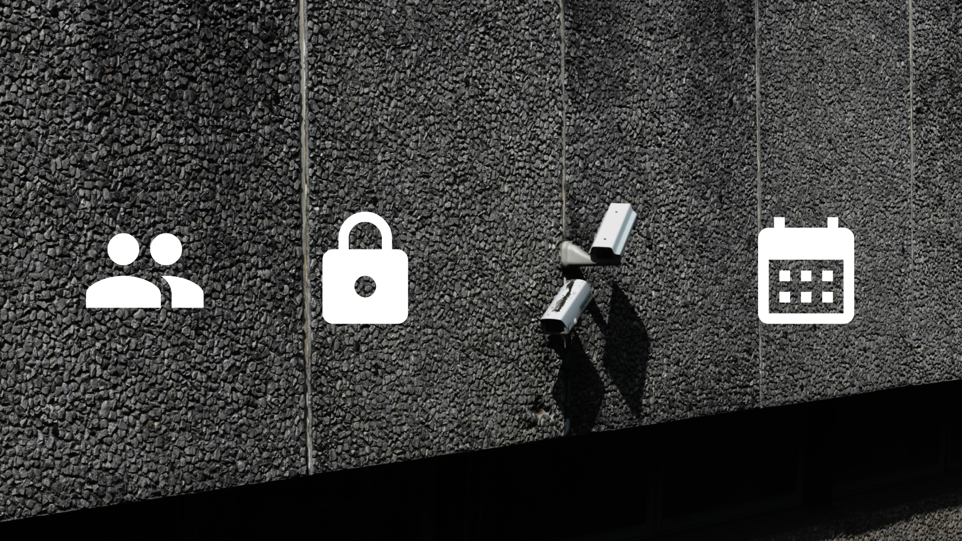 Icons of a group of people, a padlock, a CCTV camera, and a calendar, with the CCTV camera being a part of the background photo on a brutalist building.