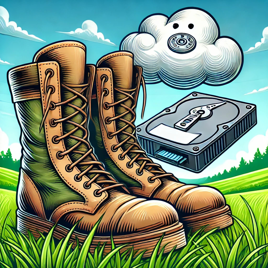 Set of army boots next to a hard drive and a cloud