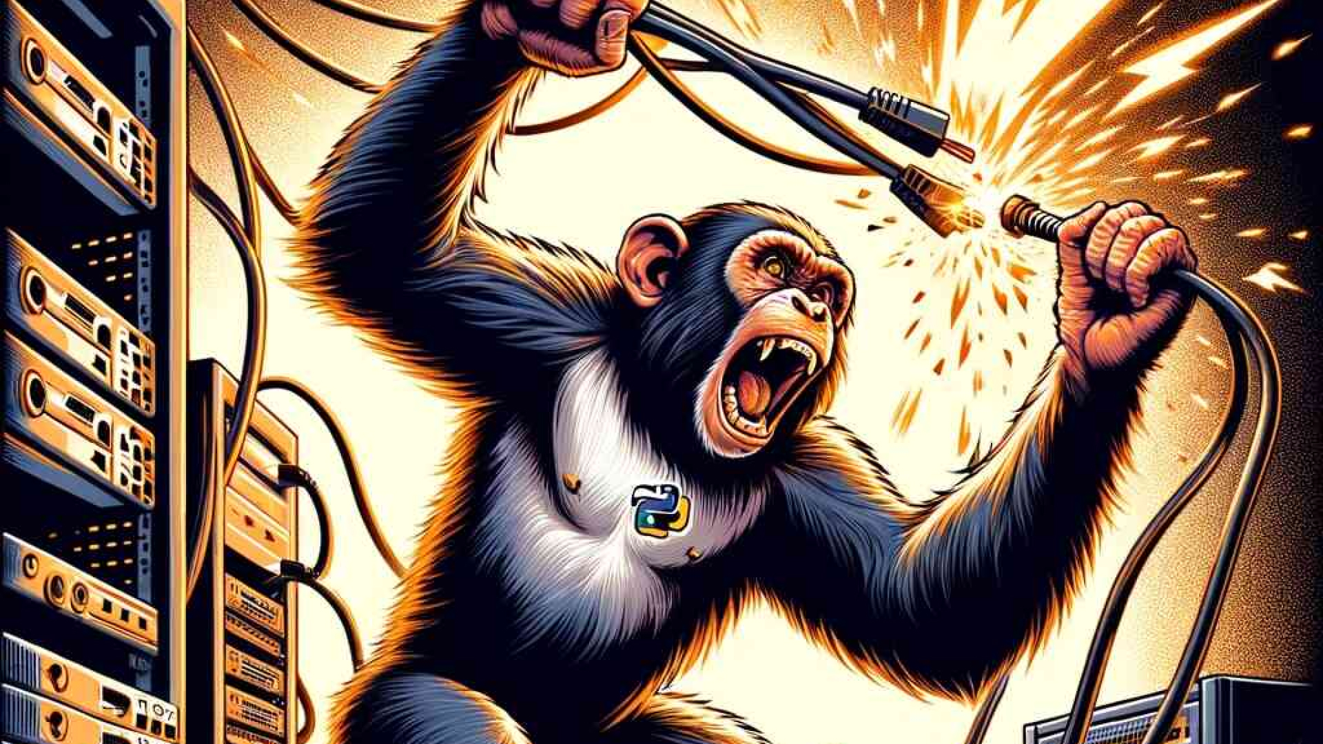 AI-generated image of a monkey pulling apart power cables in a server room, with sparks flying